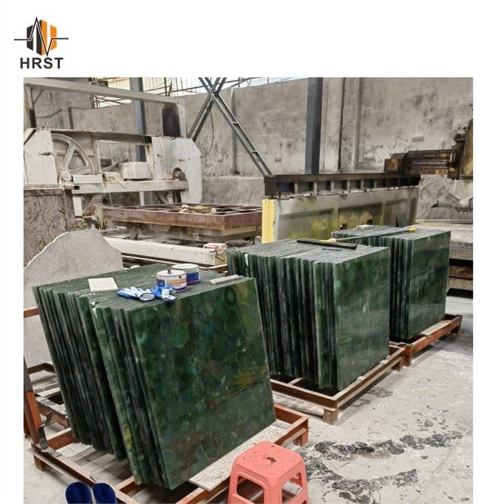 Green agate slab and floor tiles